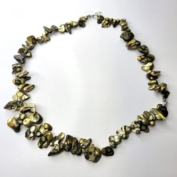 Yellow Green Mother of Pearl Keshi Large Chip Bead Necklace - Picture 2 of 13